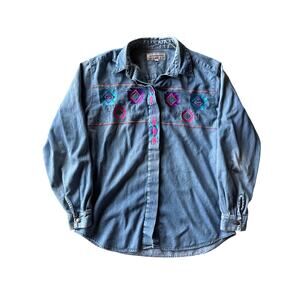 VTG Westbound Embroidered Neon Santa Fe Aztec Women's M Denim Button Down Shirt